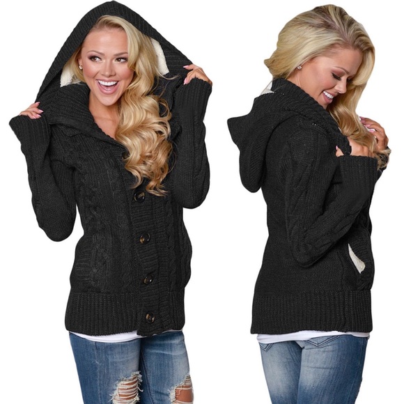 fairlygirly Jackets & Blazers - Cozy Knit Hooded Cardigan Coat with Pockets Black